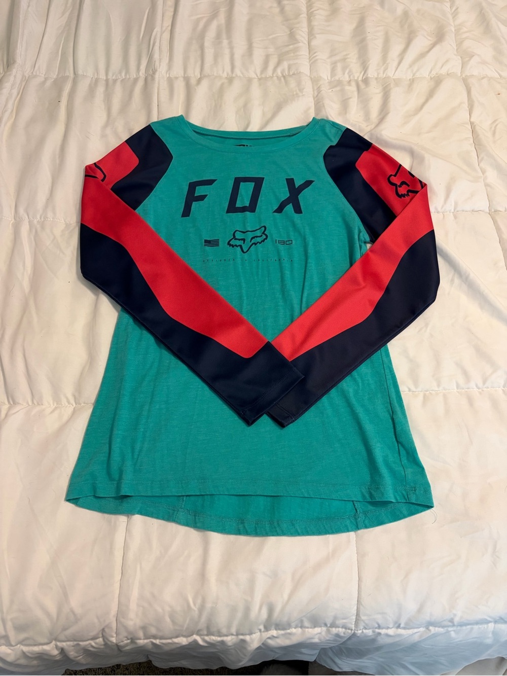 Fox Teal Long Sleeve Shirt with Red & Navy Sleeve Panels